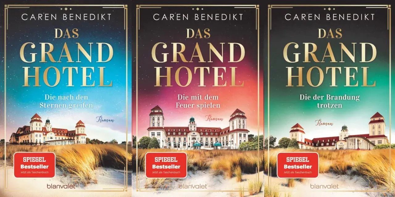 Drei Buchcover von Caren Benedikt: "Das Grand Hotel" – die Reihe, die die Spannung steigert. Erscheint bald!