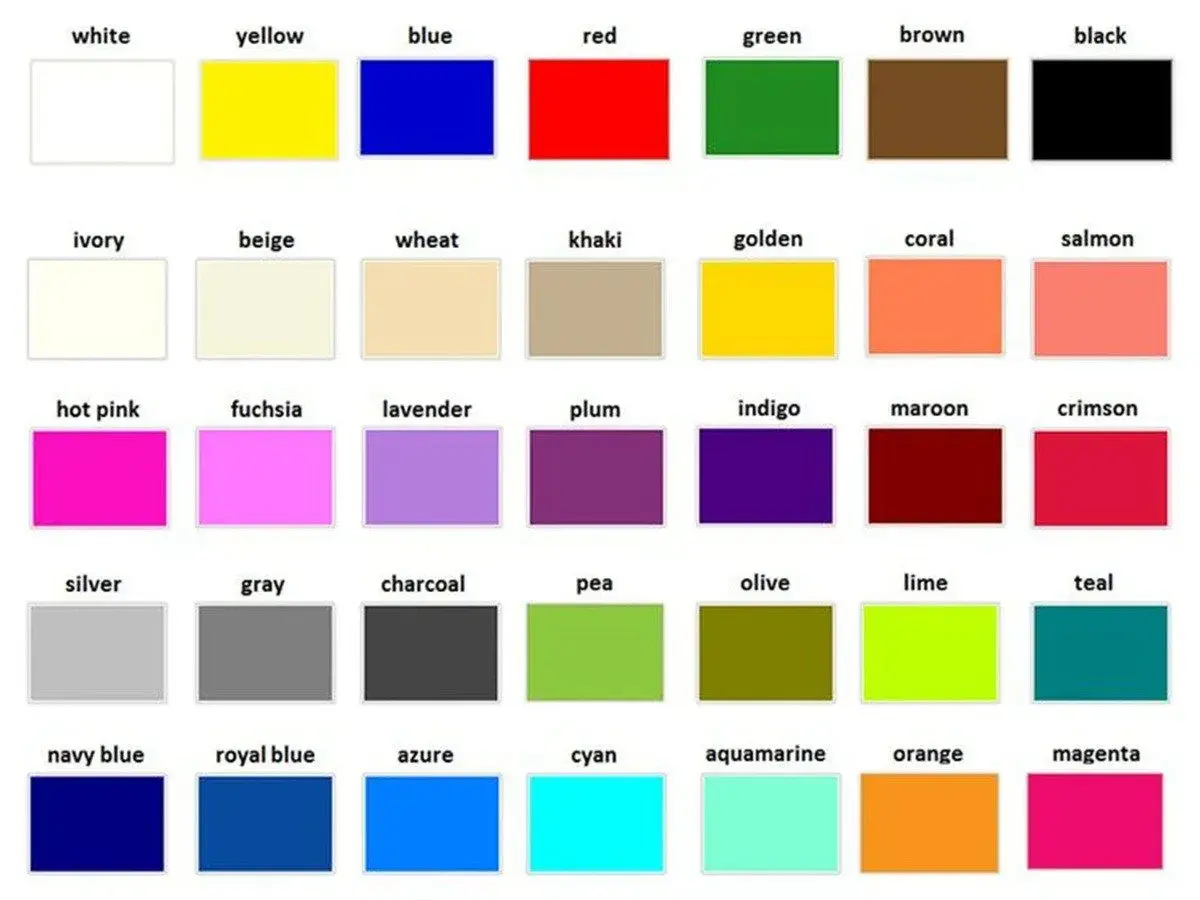 Una griglia di campioni di colori, con nomi in inglese come "white", "yellow", "blue", "red", "green", "brown", "black", ecc.