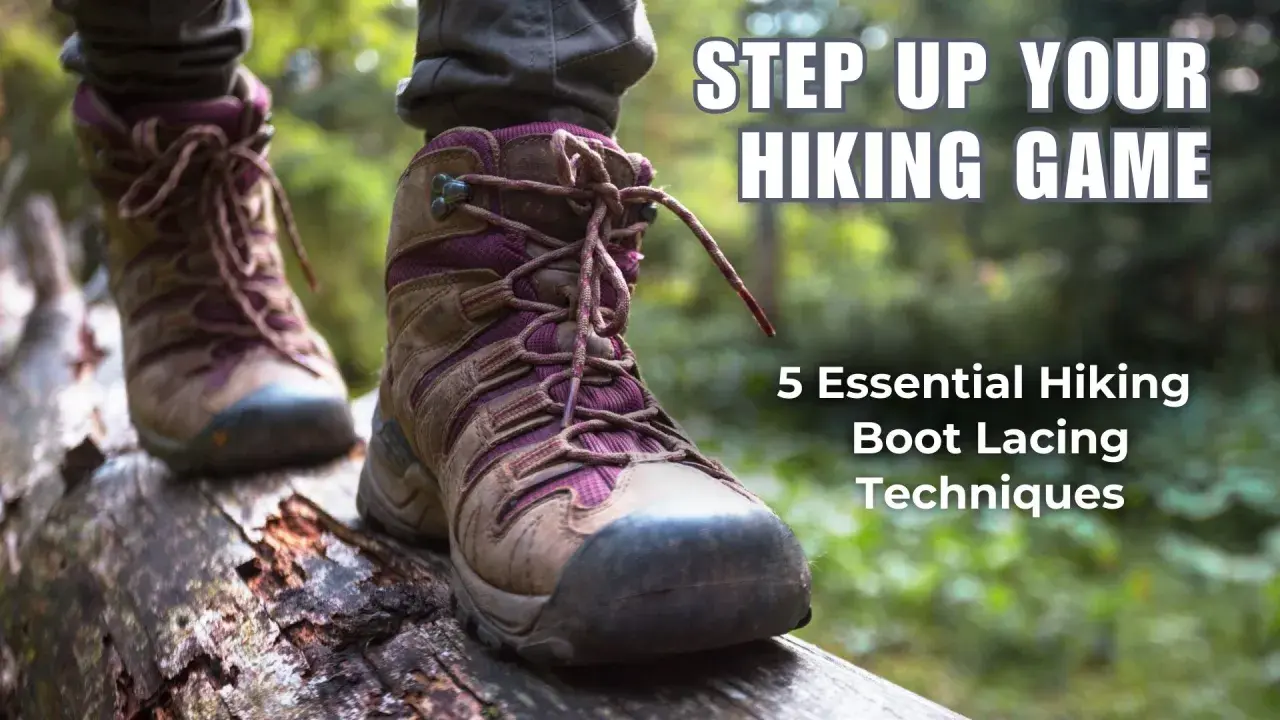 Close-up of hiking boots with purple accents and laces, stepping on a log. Learn 5 essential hiking boot lacing techniques to step up your hiking game.