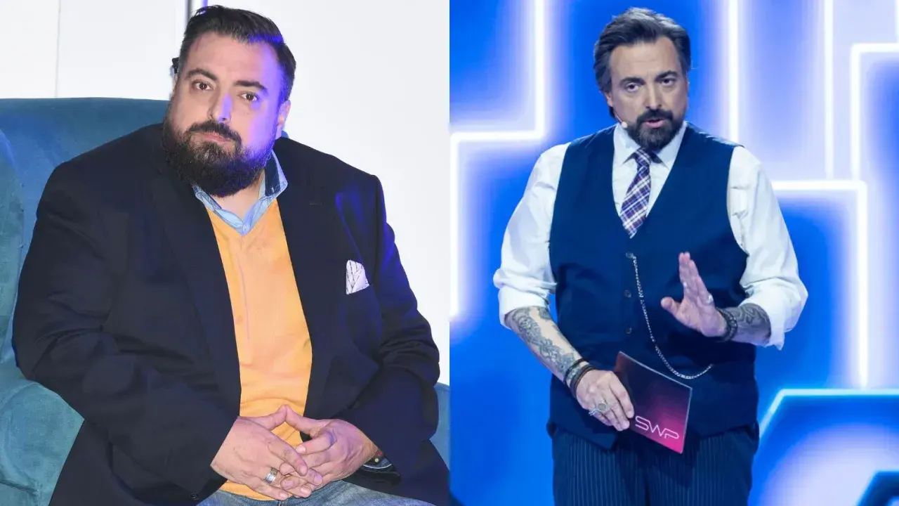 Sekielski schudł. Po lewej siedzi w marynarce i swetrze, po prawej stoi w kamizelce, trzymając kartkę SWP.