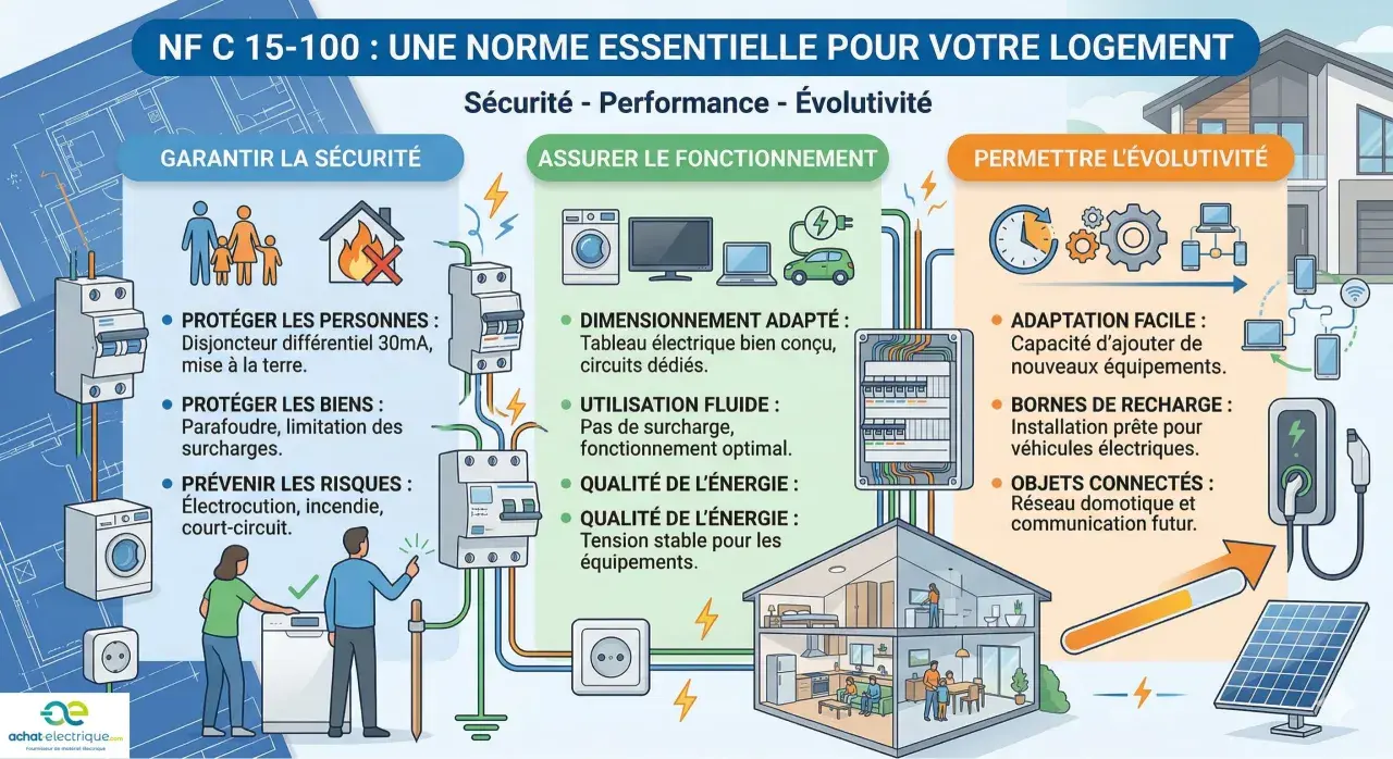 Infographie expliquant la norme électrique NF C 15-100 pour la sécurité, le bon fonctionnement et l'évolutivité du logement.