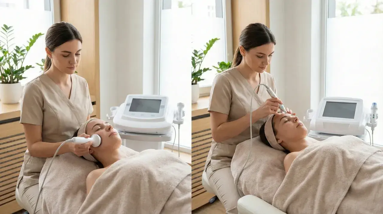 Kobieta wykonuje mezoterapię bezigłową. Zadowolone mezoterapia bezigłowa opinie potwierdzają skuteczność zabiegu.