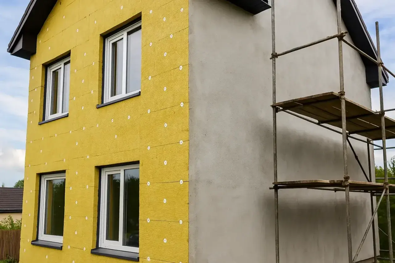 Edificio in fase di isolamento con cappotto termico giallo. L'estate è il momento ideale per questi lavori che garantiscono comfort e risparmio energetico.