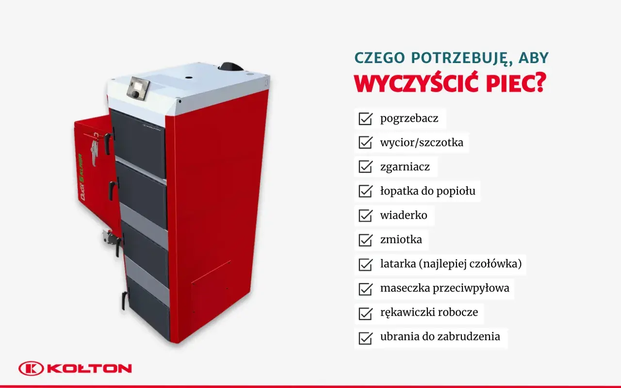 Czerwony piec na ekogroszek i lista rzeczy potrzebnych, by wyczyścić piec: pogrzebacz, szczotka, łopatka, wiaderko.