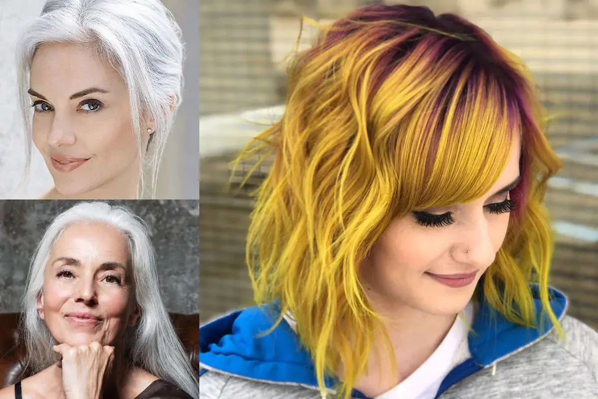 Capelli bianchi eleganti e chioma gialla con riflessi viola. Scopri come togliere il giallo dai capelli bianchi per un look impeccabile.