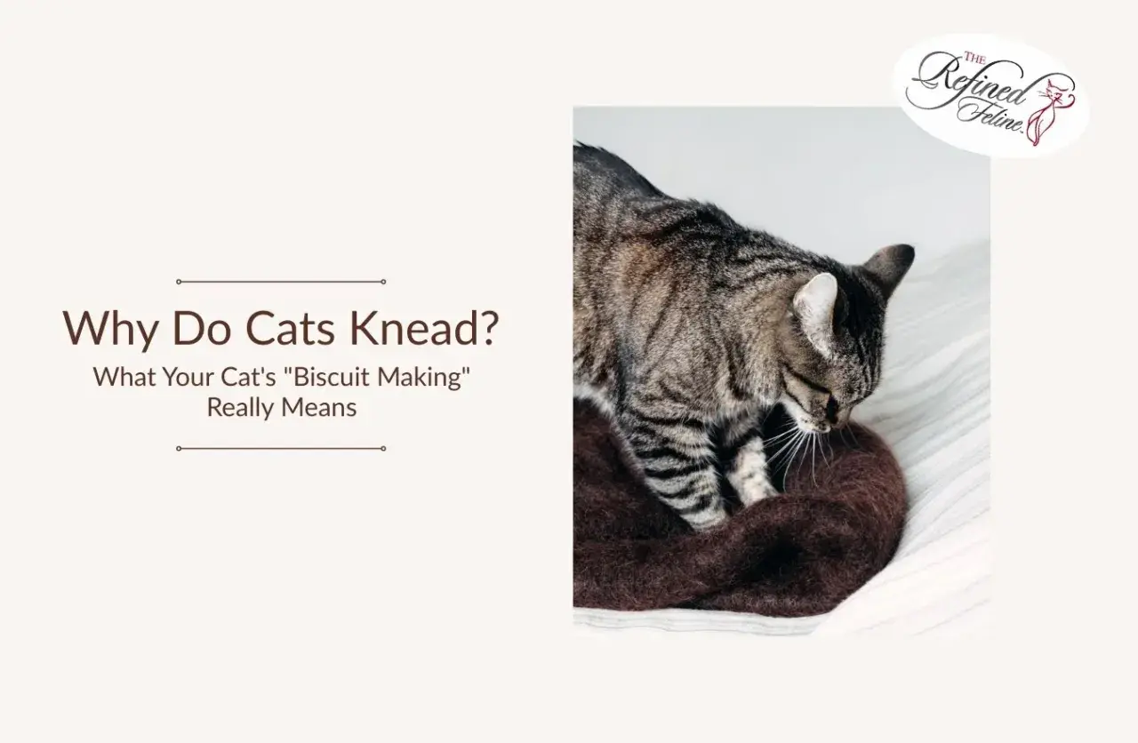 A tabby cat kneads a soft brown blanket, a behavior that explains why does my cat knead me.