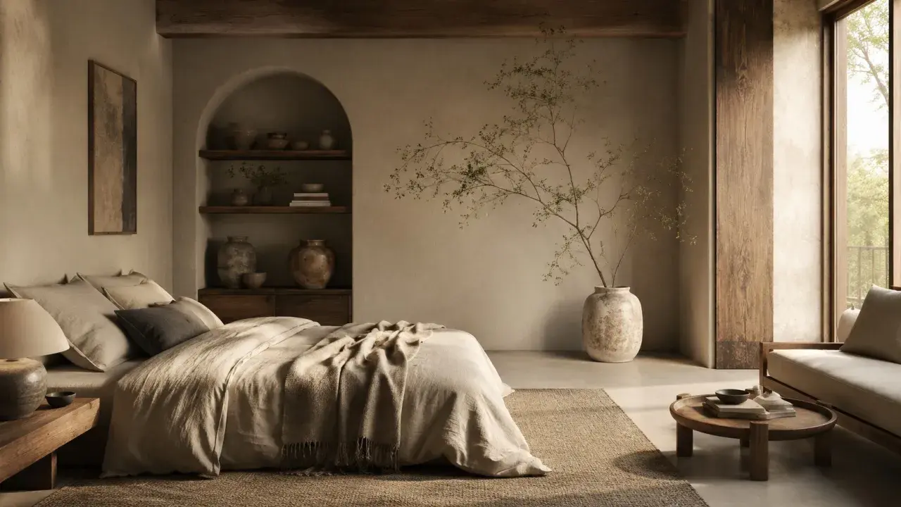Sypialnia w stylu wabi sabi. Naturalne materiały, łóżko z lnianą pościelą, łukowa wnęka z ceramiką i gałązka w wazonie.