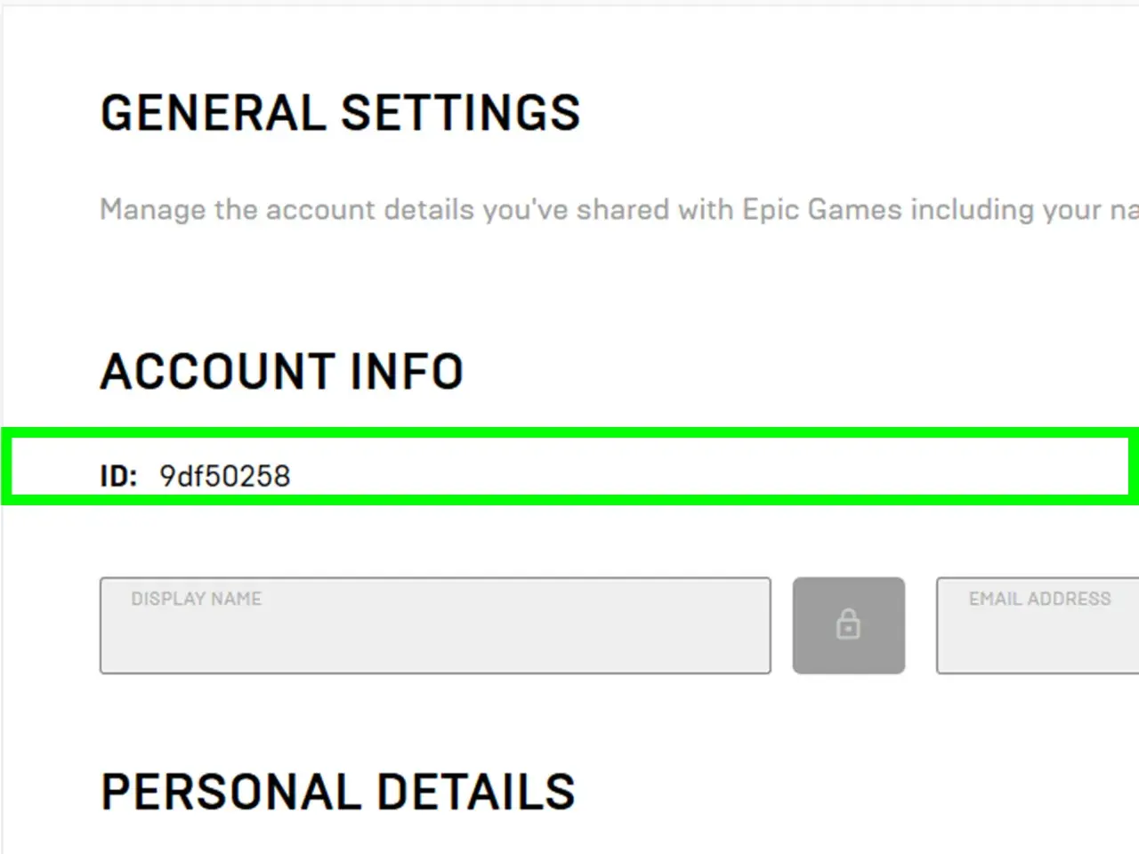 Epic Games Leak: Account-ID 9df50258 in den allgemeinen Einstellungen.