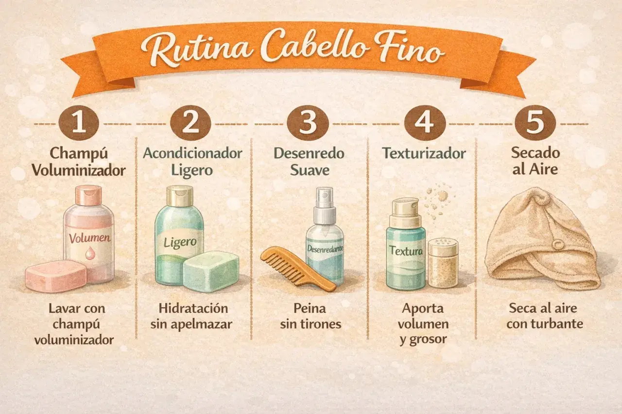 Rutina para cabello fino y encrespado: champú voluminizador, acondicionador ligero, desenredante, texturizador y secado con turbante.