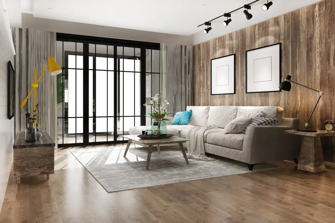Soggiorno moderno con divano beige, tavolino in legno, tappeto grigio e parete effetto legno. Un esempio di come arredare casa con poco, puntando su pochi elementi ben scelti.