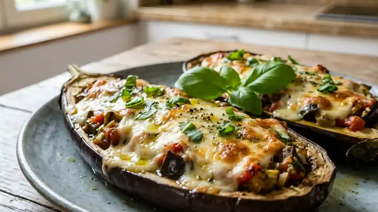Aubergines farcies au fromage fondant, une délicieuse recette aubergine mozzarella, garnies de basilic frais.