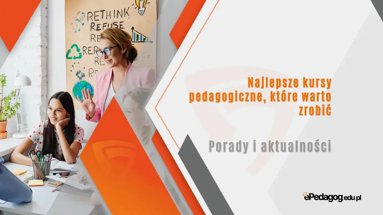 Nauczycielka w różowej marynarce i uczennica przy biurku, obok tablica z napisem "Rethink".