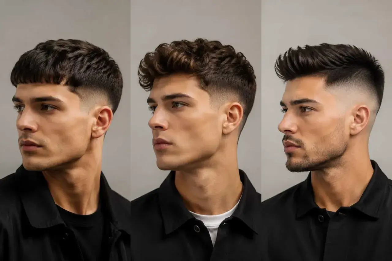 Tre ragazzi con capelli con sfumatura: taglio corto e netto, ricci voluminosi, e un ciuffo moderno.