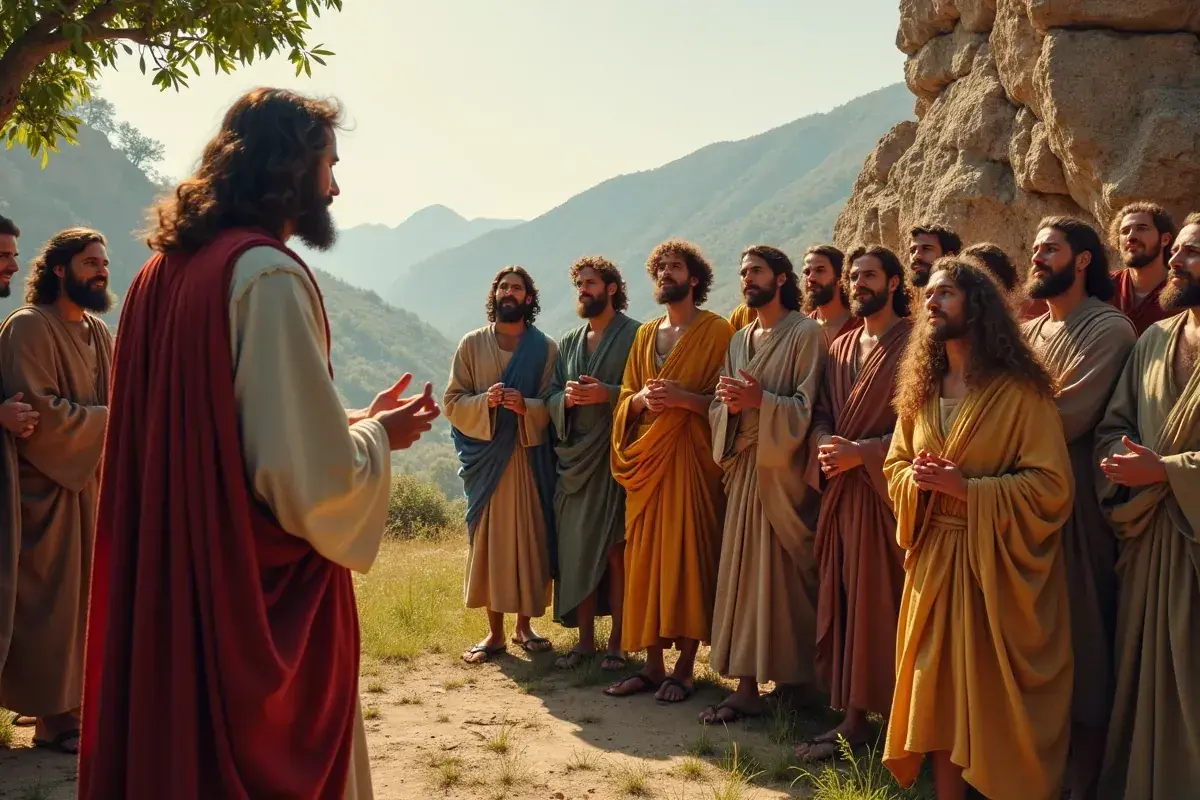 Jezus przemawia do swoich uczniów, apostołów, na tle górskiego krajobrazu.