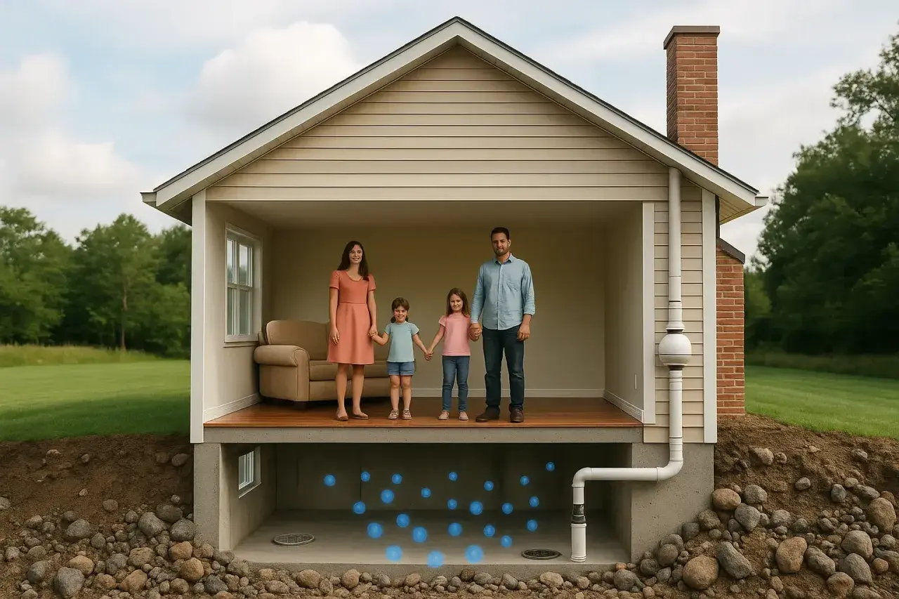 Familia en casa con sistema de mitigación de **radón que es** un gas invisible y peligroso.