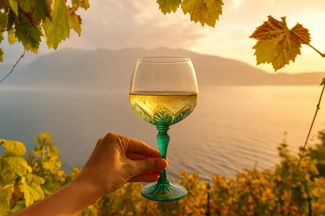 Ein Glas Weißwein, vielleicht von der Lugana rebsorte, vor malerischer See- und Bergkulisse bei Sonnenuntergang.