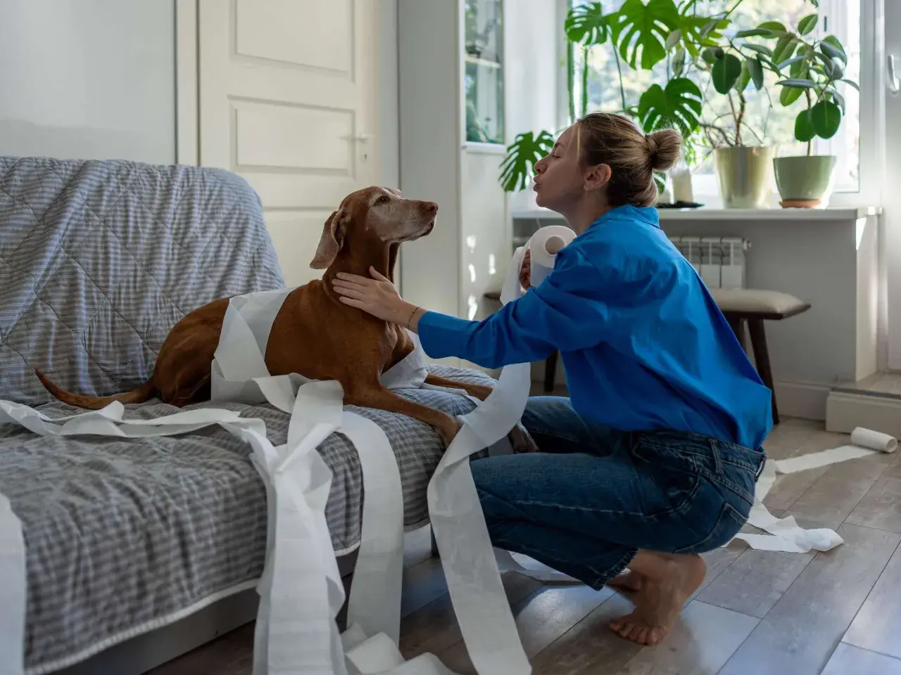 Frau versucht, einen überdrehten Hund zu beruhigen, der sich in Klopapier eingewickelt hat.