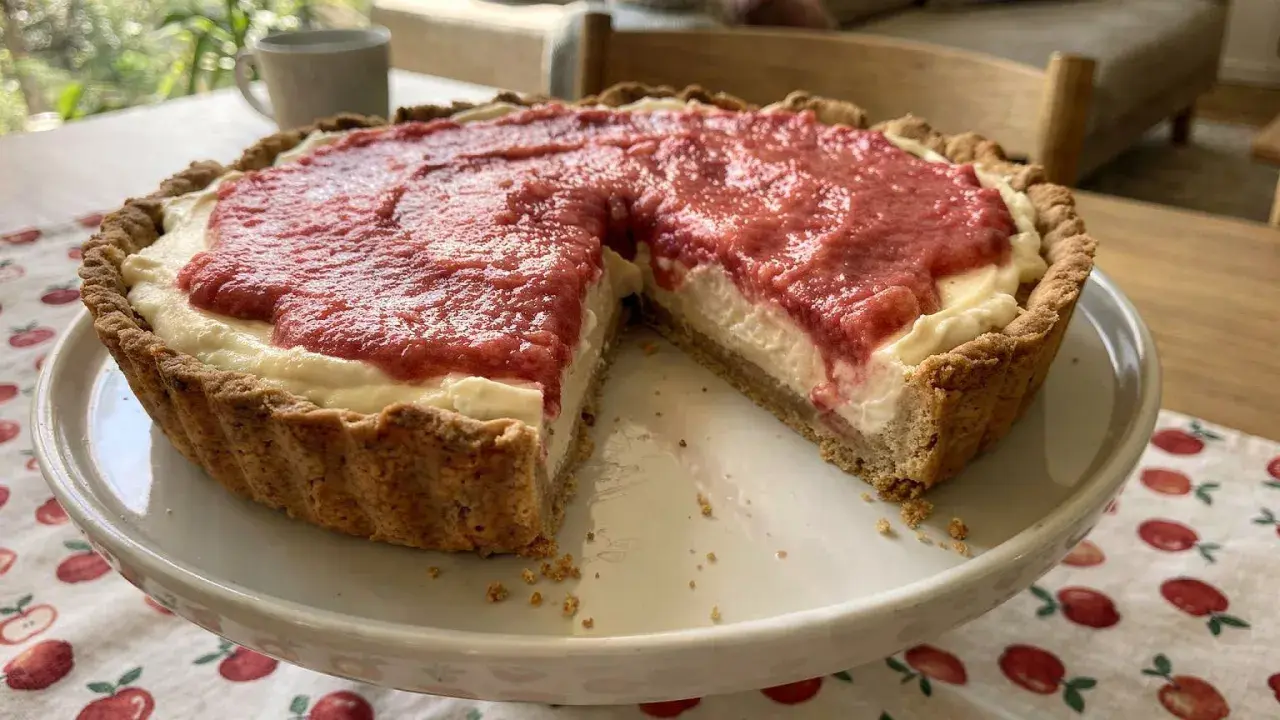 Pyszna tarta z rabarbarem, z kremowym nadzieniem i chrupiącym spodem, czeka na spróbowanie.