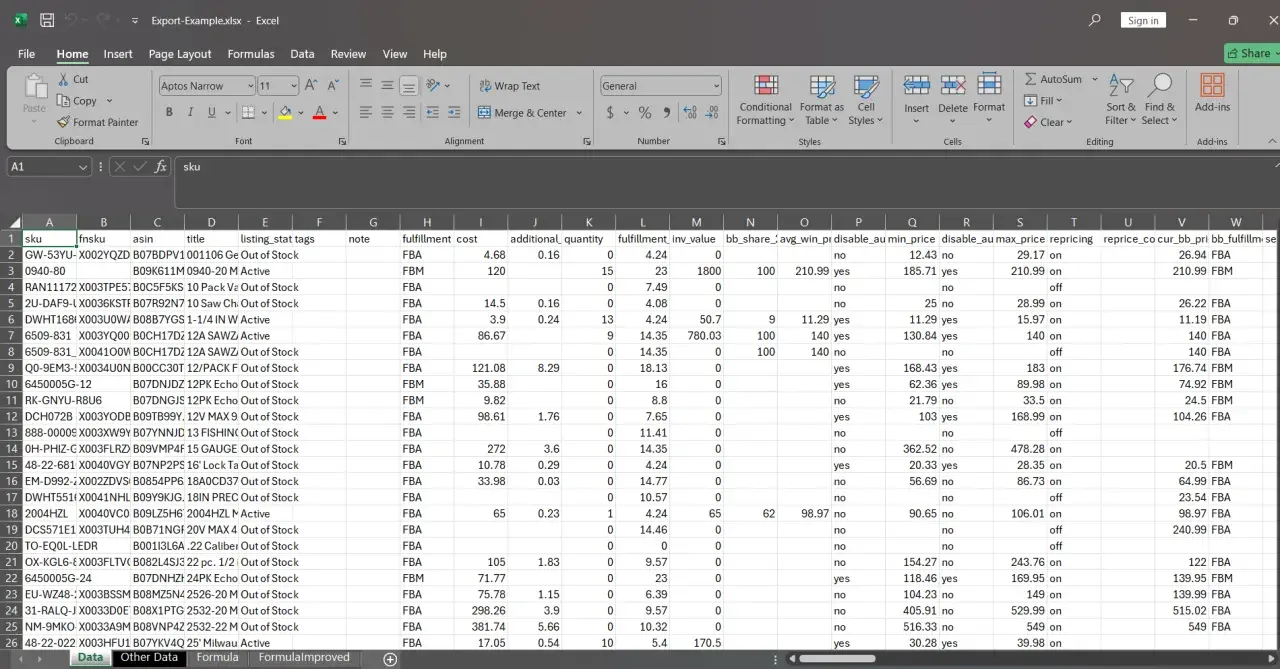 Arkusz kalkulacyjny Excel z danymi w kolumnach, w tym kolumna "sku".