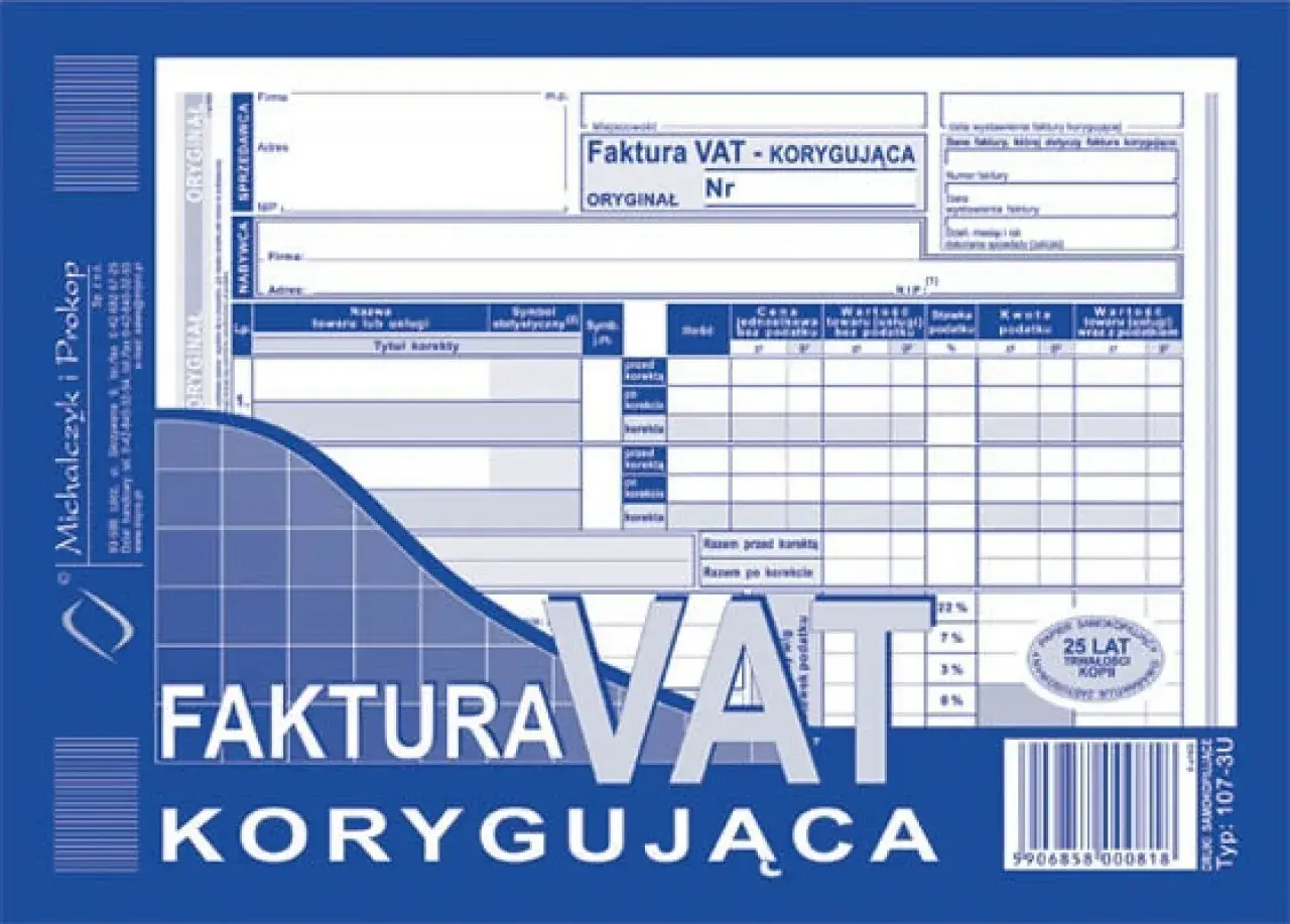 Formularz faktury korygującej VAT, zawierający pola do wpisania przyczyn korekty faktury, danych sprzedawcy i nabywcy, oraz szczegółów transakcji.