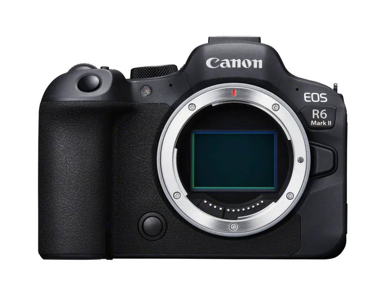 Czarny aparat Canon EOS R6 Mark II z widocznym sensorem i mocowaniem obiektywu.