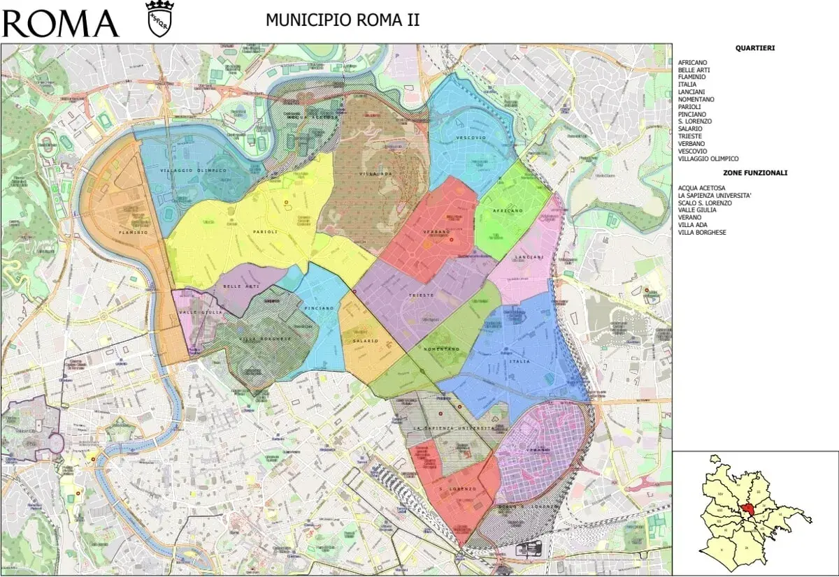 Mappa del Municipio Roma II con i quartieri colorati: Flaminio, Parioli, Salario, Trieste, Nomentano, Villaggio Olimpico, Africano, Lanciani, Pinciano, Belle Arti, Valle Giulia, Verano, S. Lorenzo.