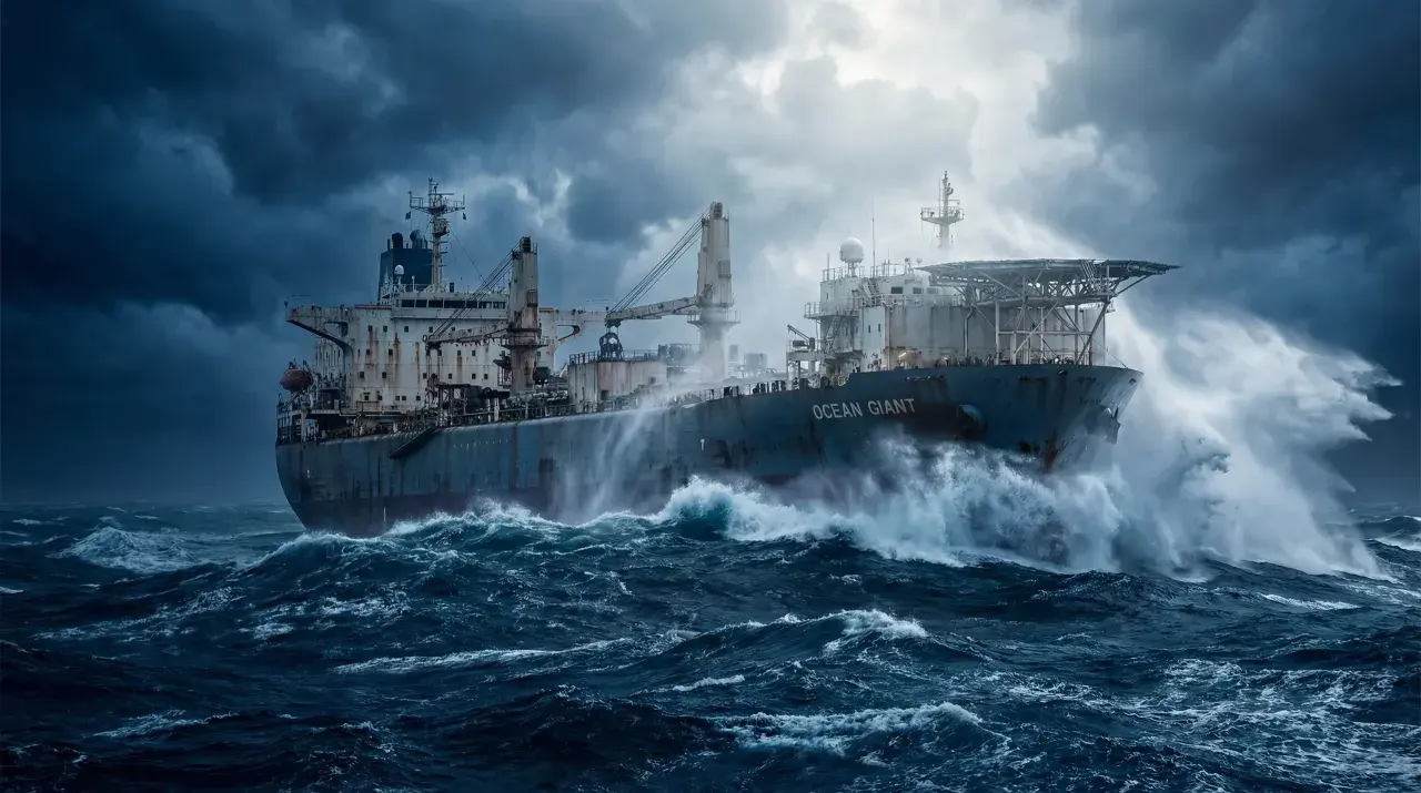 La nave "Ocean Giant" lotta contro onde tempestose, mostrando come l'acciaio si rovina con l'acqua di mare.
