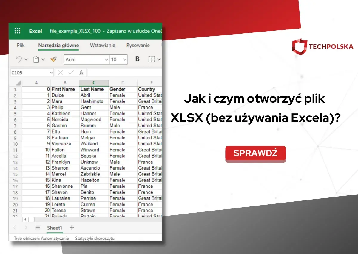 Otwieranie pliku XLSX bez Excela. Tabela danych z imionami, nazwiskami i krajami.