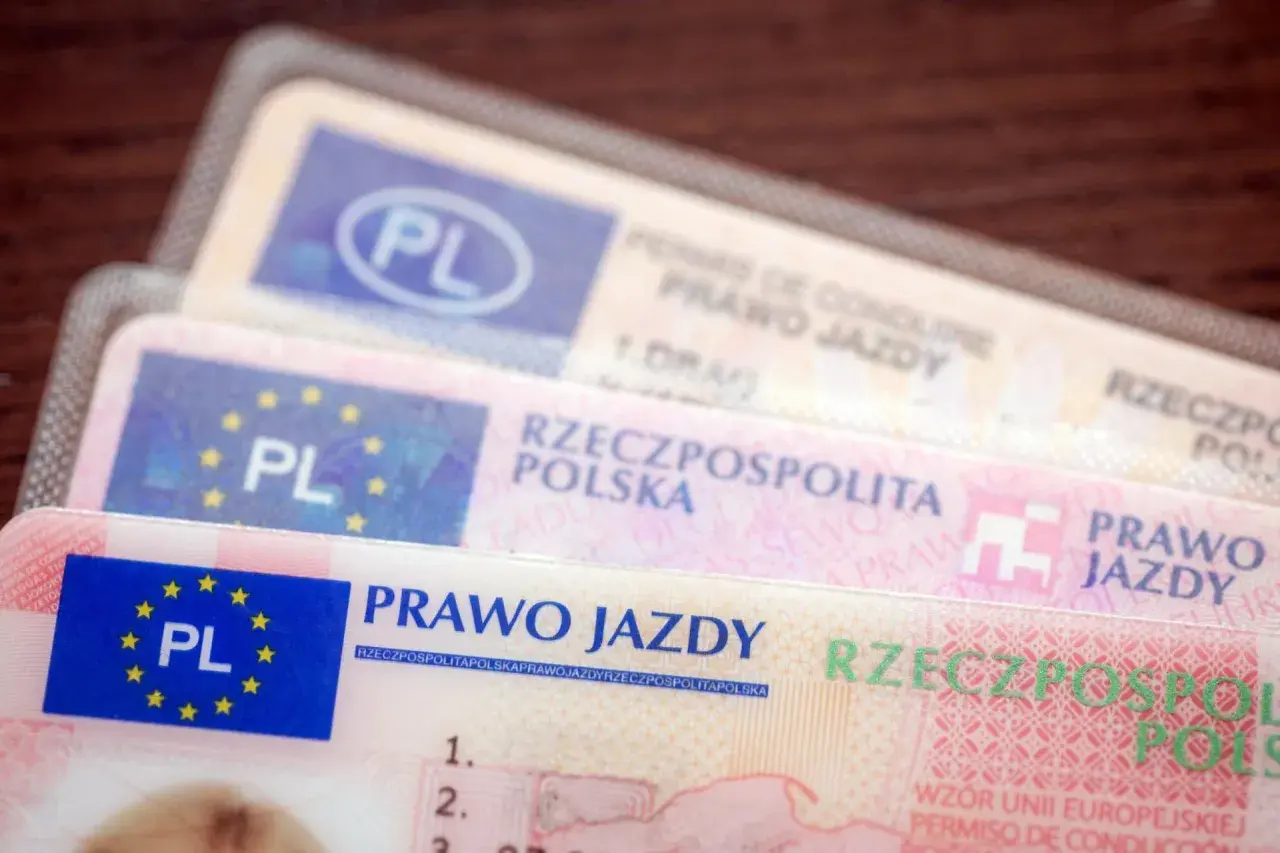 Stos polskich praw jazdy, widoczne fragmenty dokumentów z oznaczeniem "PL".