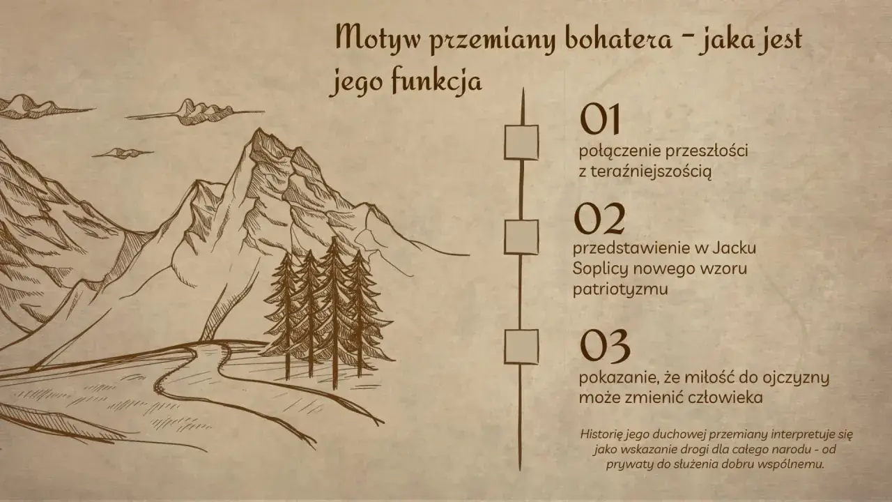 Szkic gór, lasu i drogi z numerowanymi punktami o przemianie bohatera.