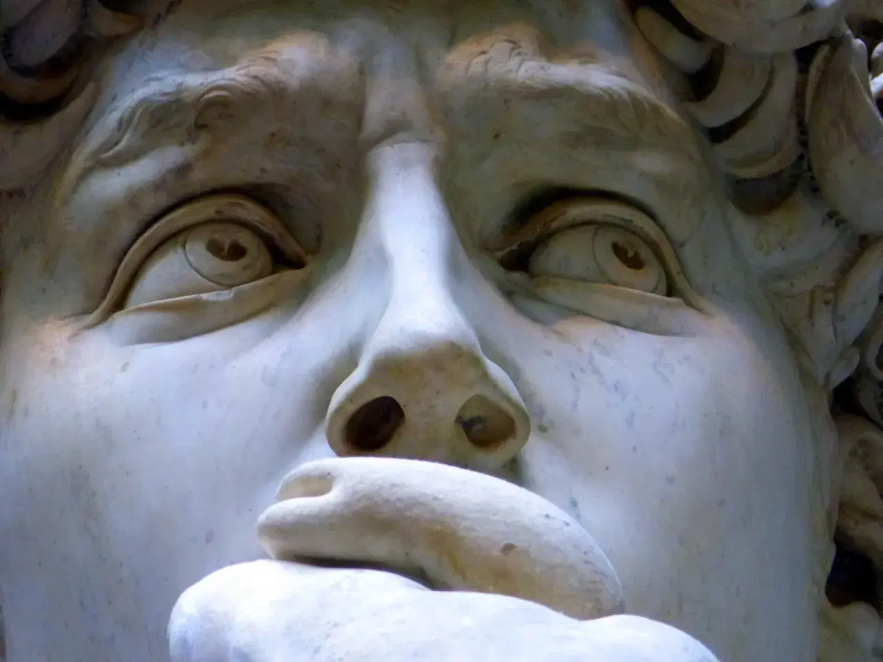 Close-up of Michelangelo's David sculpture, focusing on the eyes, nose, and mouth.