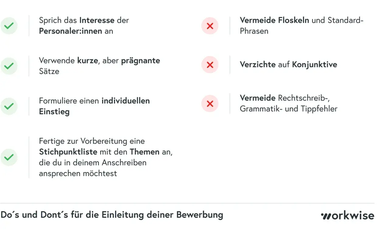 Tipps für die Einleitung deiner Bewerbung: Interesse wecken, prägnant formulieren, individuell gestalten. Vermeide Floskeln, Konjunktive und Fehler.