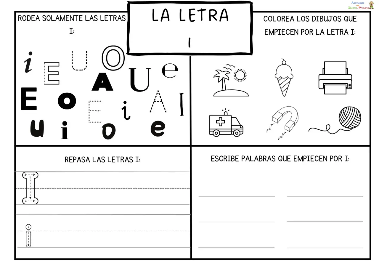 Hoja de actividades para niños sobre la letra i. Incluye ejercicios de identificación, coloreado y escritura de la letra i.