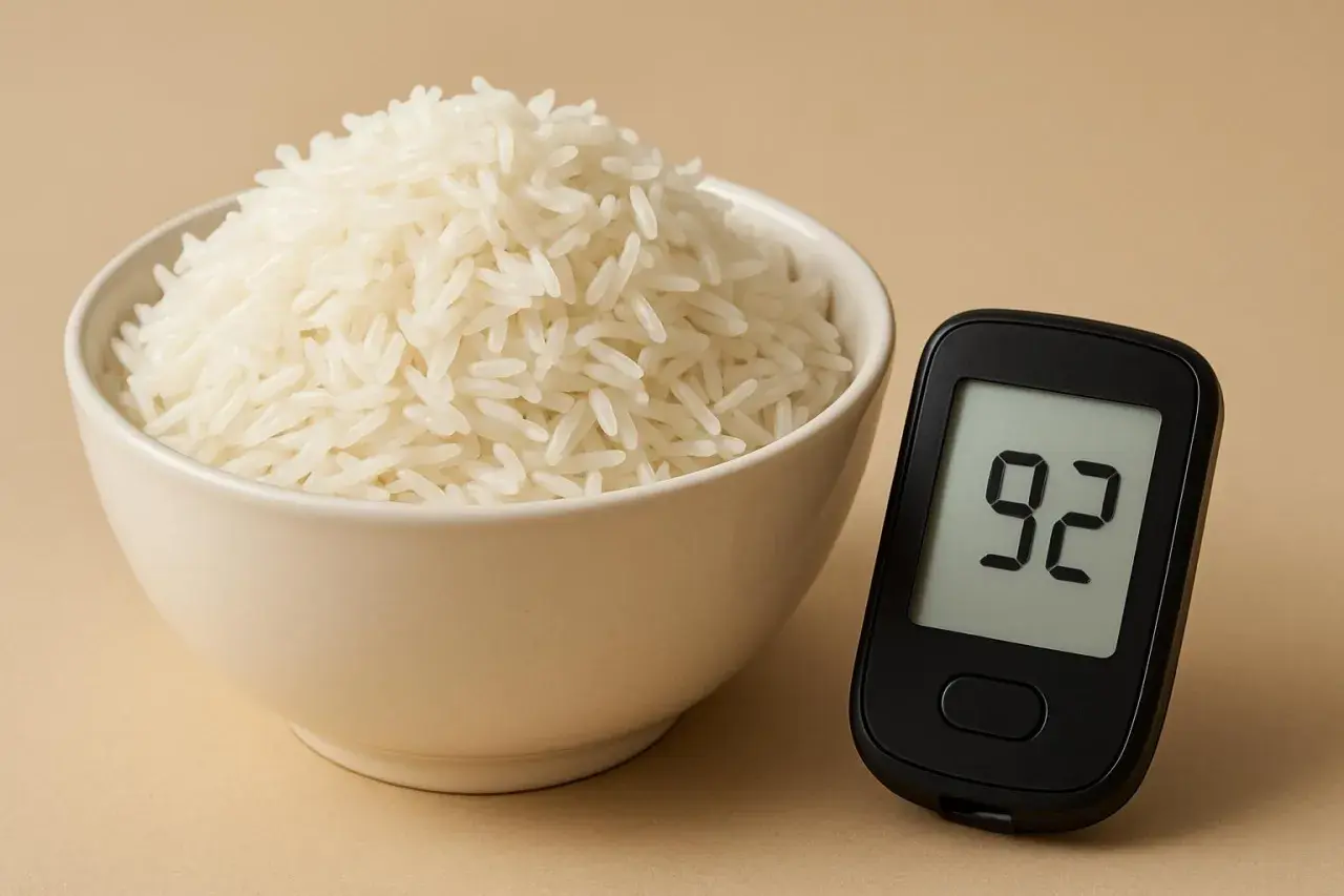 Ciotola di riso basmati accanto a un glucometro che mostra 92. Un promemoria visivo sul riso basmati indice glicemico.