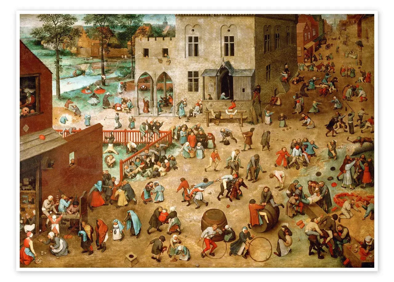 Un pueblo bullicioso lleno de niños jugando. Los juegos de niños de Brueghel muestran una escena caótica pero alegre con docenas de actividades.