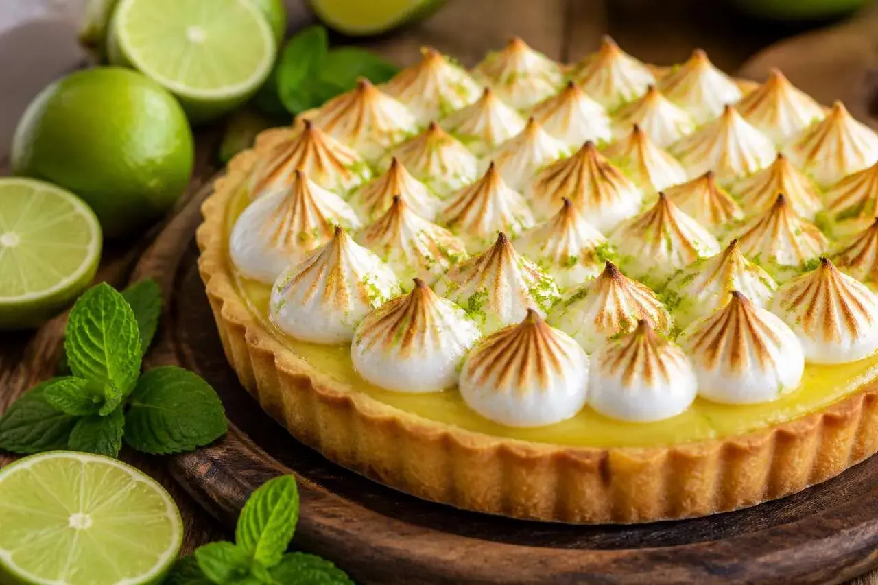 Une délicieuse tarte citron meringuée, garnie de pointes de meringue dorées et de zestes de citron vert, entourée de citrons frais et de feuilles de menthe.