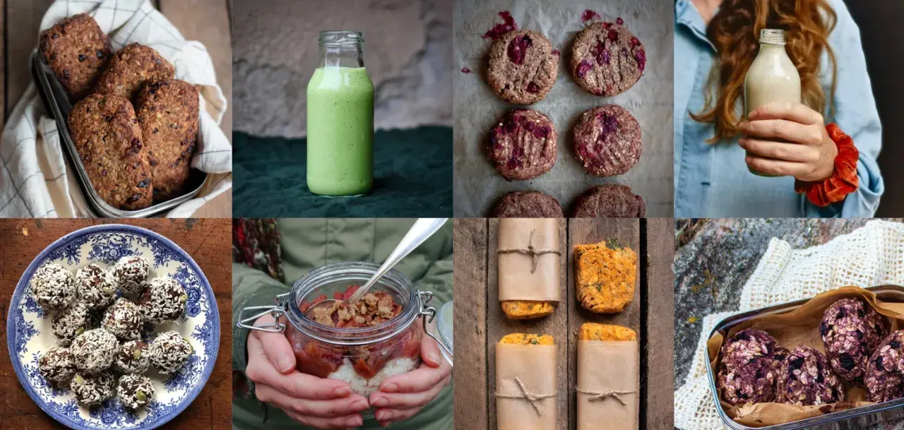 En samling av hälsosamma och goda mellanmål: energibollar, smoothies, kakor och bars. Perfekt för ett bra mellanmål när du är på språng.
