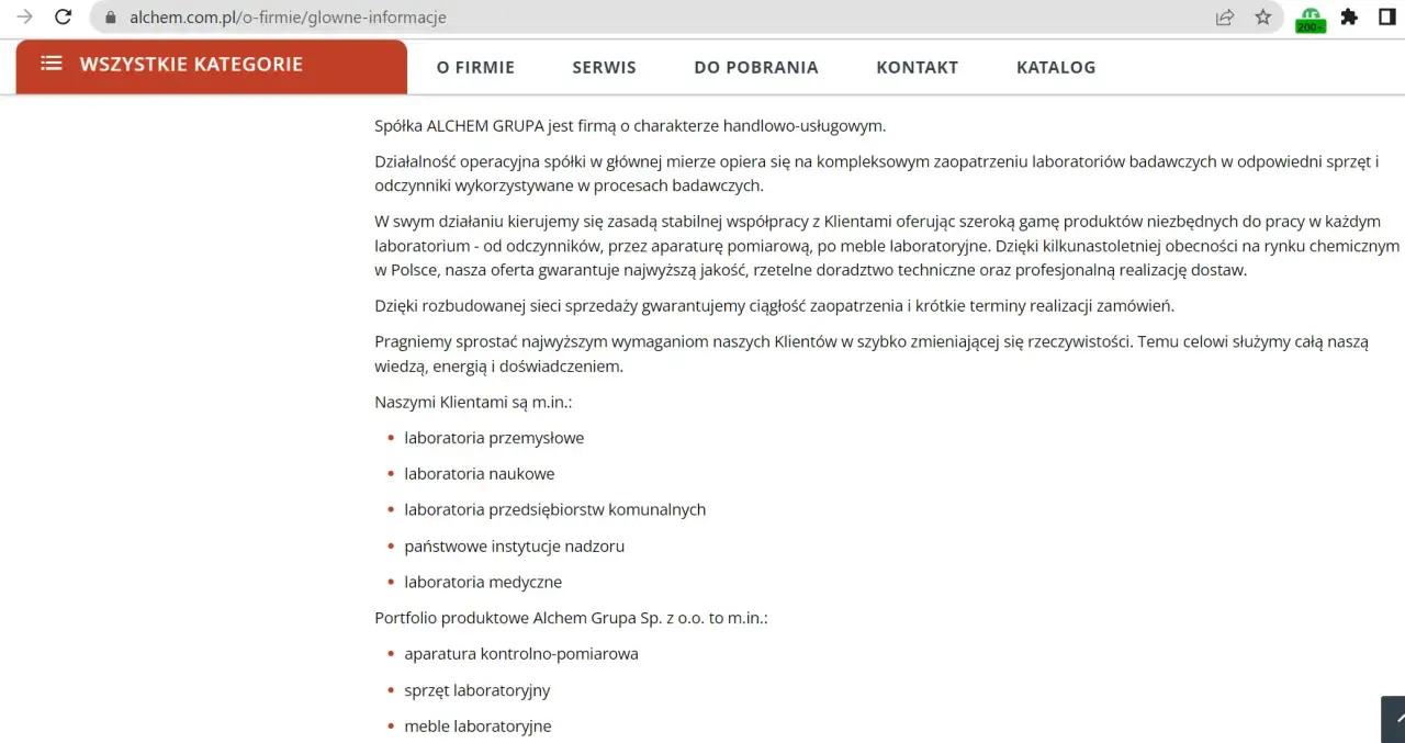 Opis firmy ALCHEM GRUPA: kompleksowe zaopatrzenie laboratoriów w sprzęt, odczynniki i meble. Gwarancja jakości i profesjonalna realizacja dostaw.