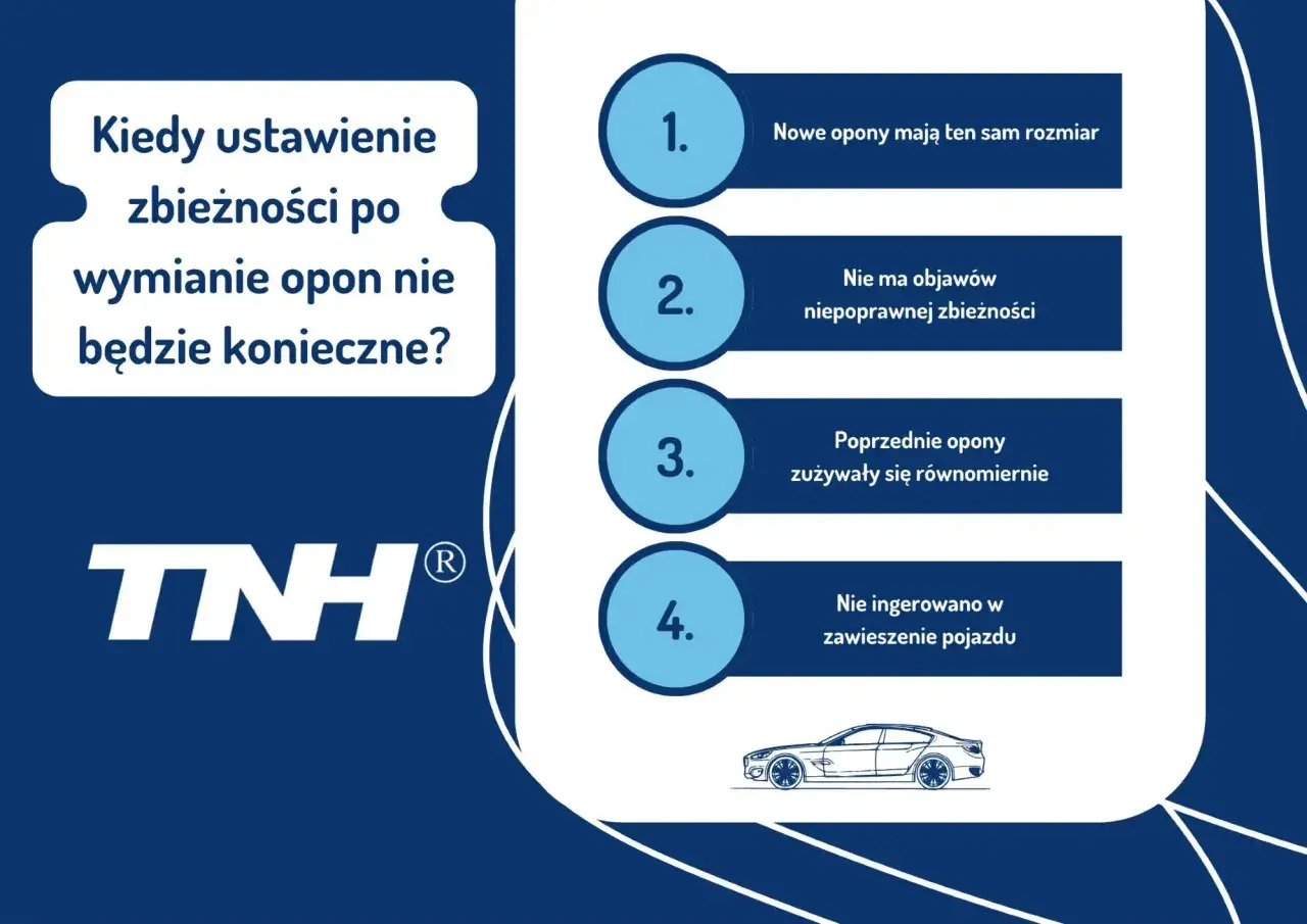 Kiedy ustawienie zbieżności nie jest potrzebne po wymianie opon? Gdy nowe opony są tego samego rozmiaru, nie ma objawów nieprawidłowej zbieżności, poprzednie opony zużywały się równomiernie i nie ingerowano w zawieszenie.