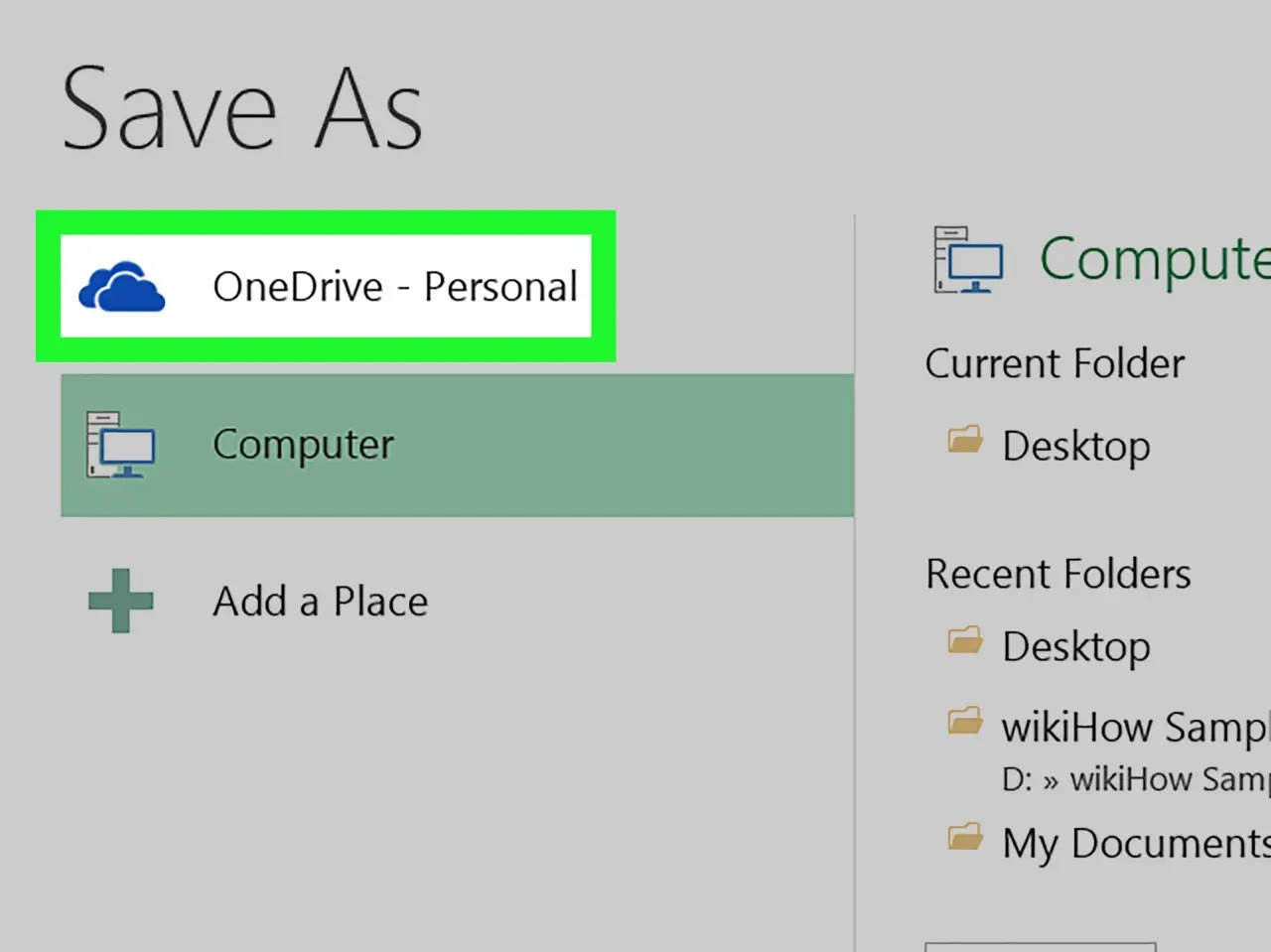 Salva il tuo file condiviso Excel su OneDrive - Personal o sul Computer.