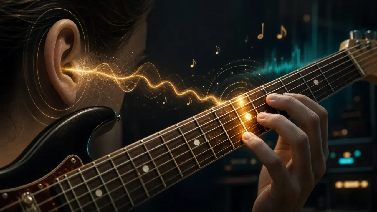 Une oreille attentive capte les ondes sonores d'une guitare électrique, symbolisant une oreille musicale en pleine immersion.