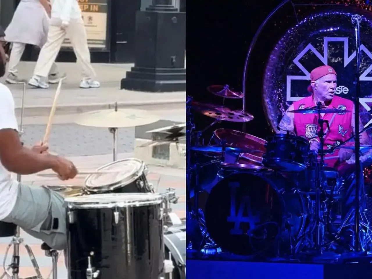 Perkusista Red Hot Chili Peppers w akcji. Po lewej uliczny muzyk, po prawej Chad Smith na koncercie.