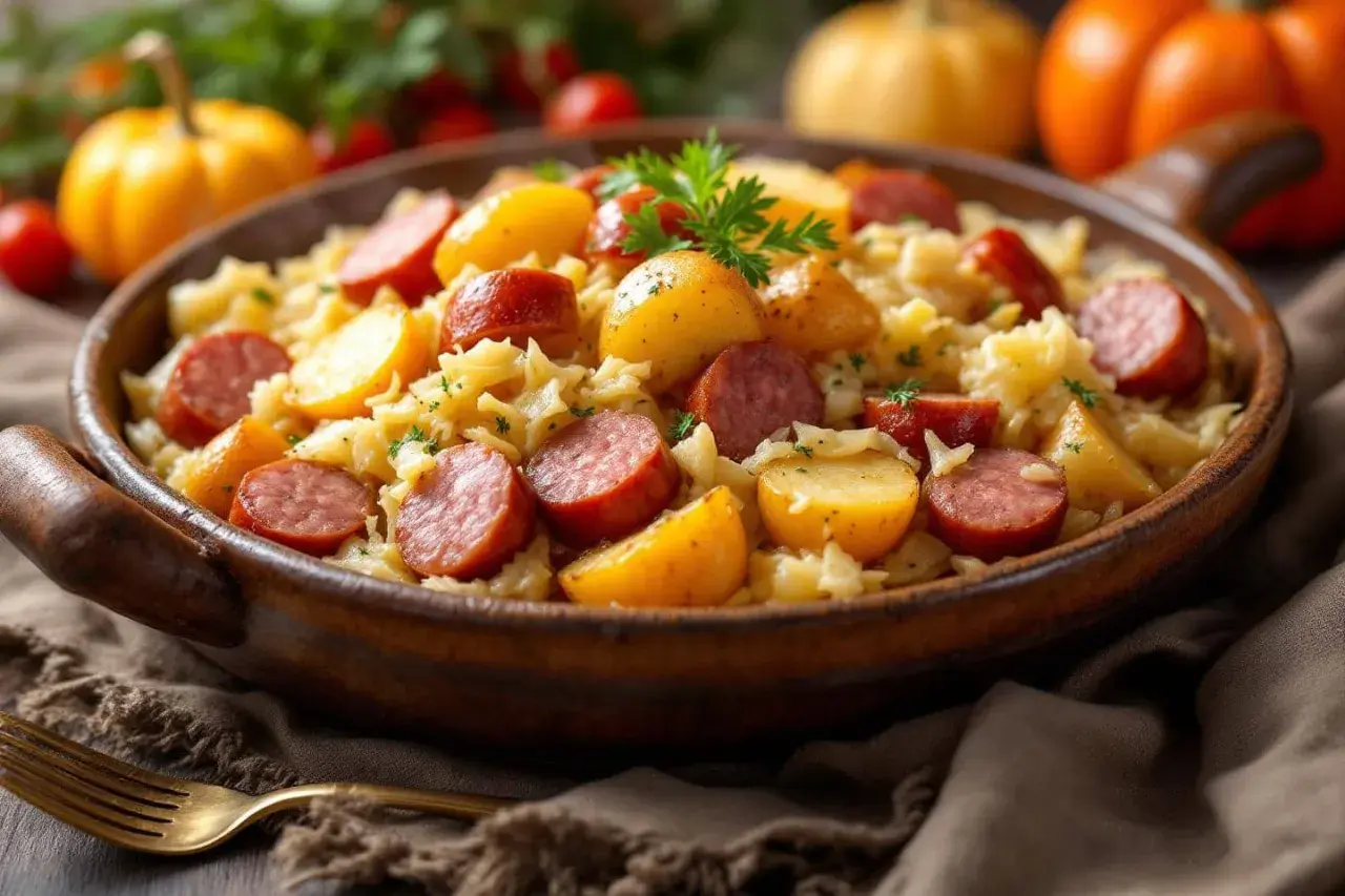 Plat de choucroute facile avec chou cuit, pommes de terre et saucisses, garni de persil. Parfait pour un repas réconfortant.