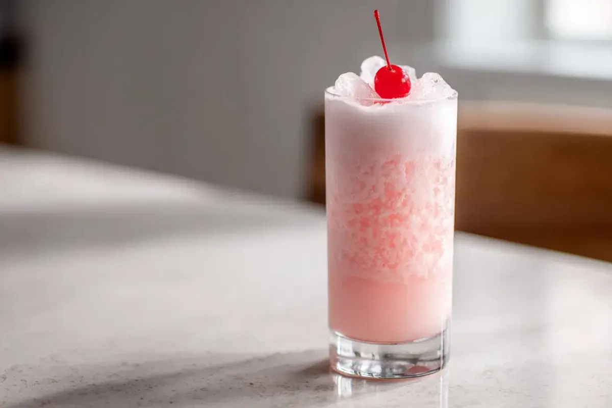 En rosa drink med krossad is, toppad med ett körsbär. En perfekt pink panther drink för en solig dag.