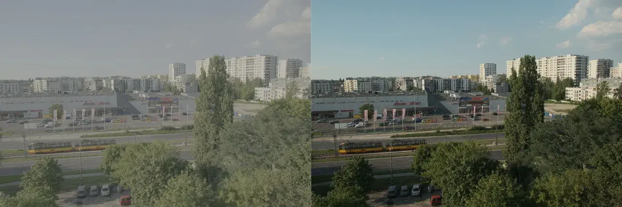 Porównanie obrazu przed i po zastosowaniu 3d lut. Widok na osiedle mieszkaniowe, centrum handlowe i tory tramwajowe z dwoma tramwajami.