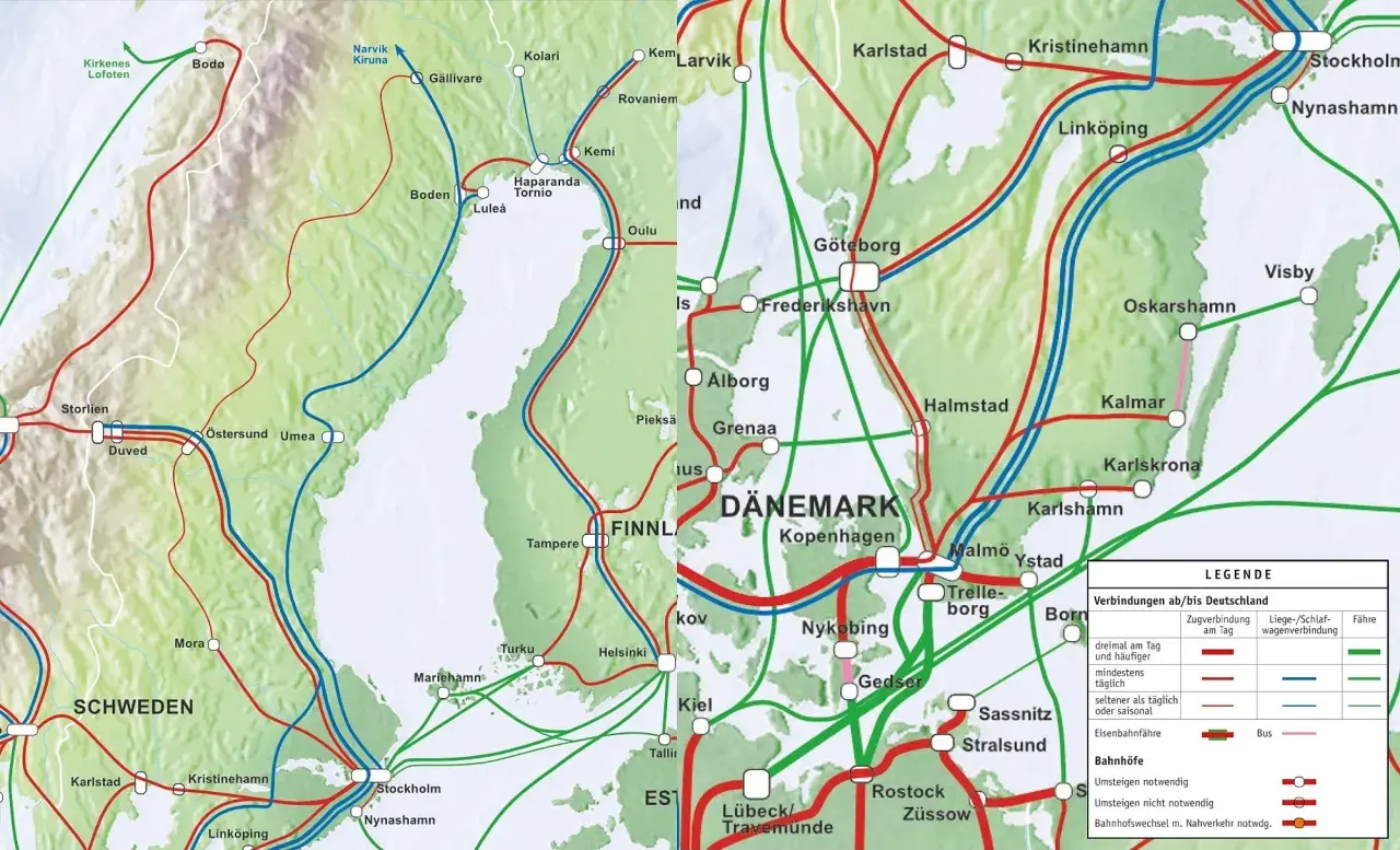 Karte zeigt das **sweden railway** Netz mit Verbindungen nach Deutschland, Finnland und Dänemark.
