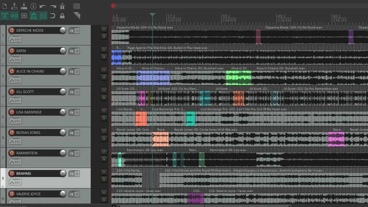 DAW-Software zeigt Musikproduktion mit vielen Spuren von Depeche Mode, RATM, Alice in Chains, Jill Scott, Lisa Bassenge, Norah Jones, Rammstein, Brahms und Valerie Joyce.
