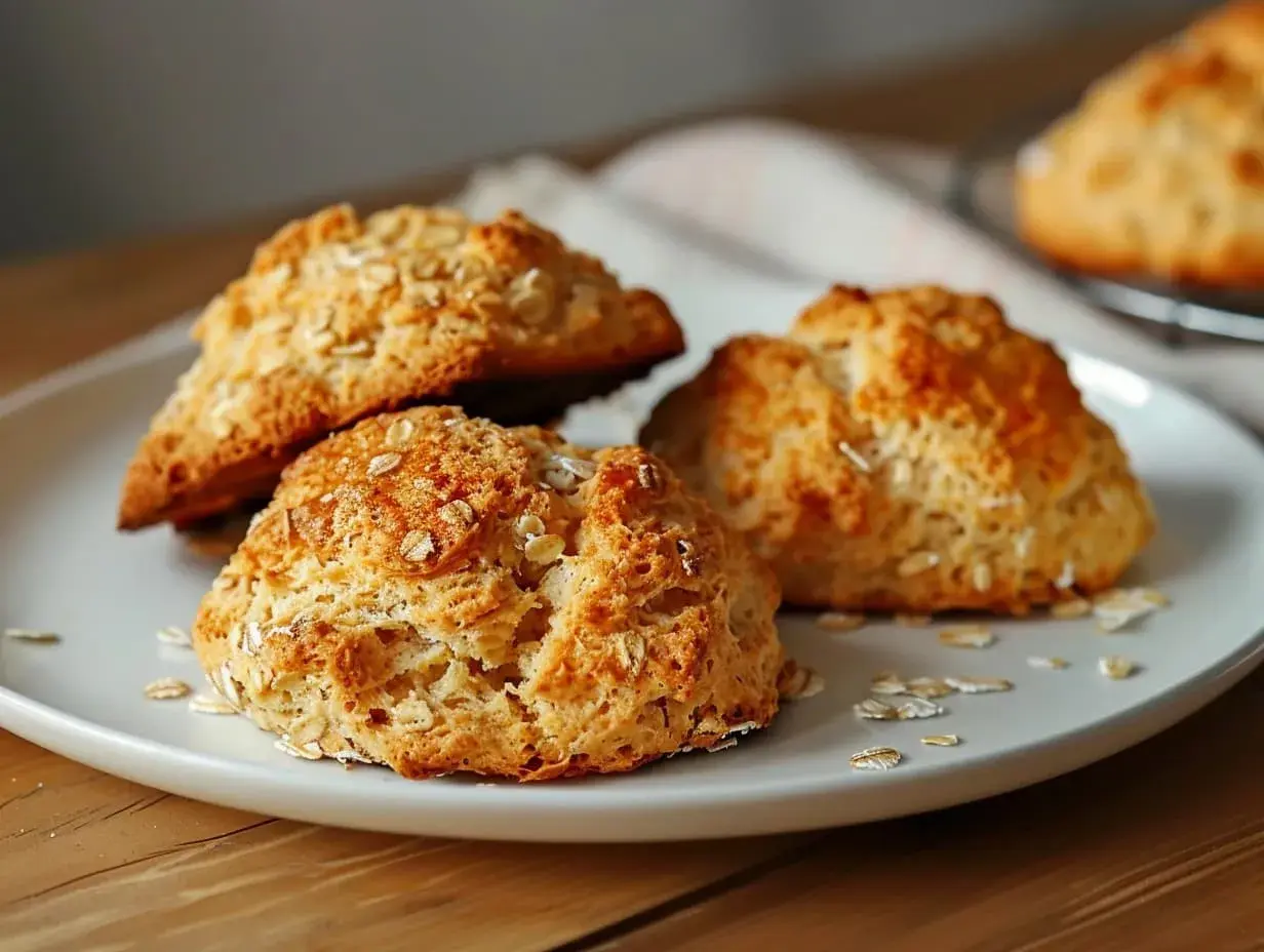 Tre gyllene scones bröd med havregryn på en vit tallrik, redo att avnjutas.