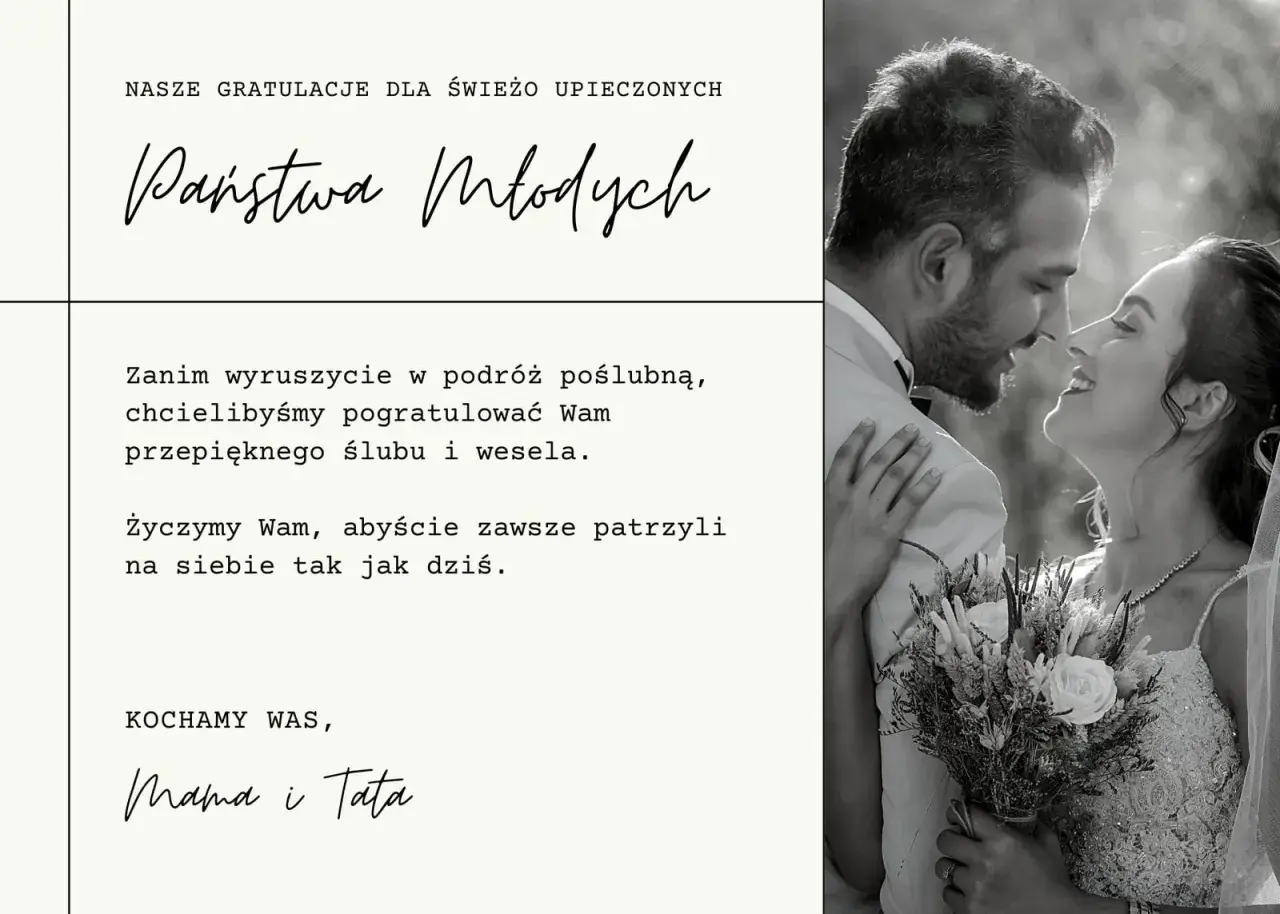 Czarno-białe zdjęcie pary młodej, z tekstem gratulacyjnym.