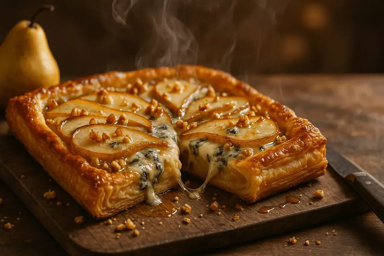 Un délicieux pavé de poire, garni de fromage fondant et de noix, dégage une vapeur appétissante sur une planche en bois.